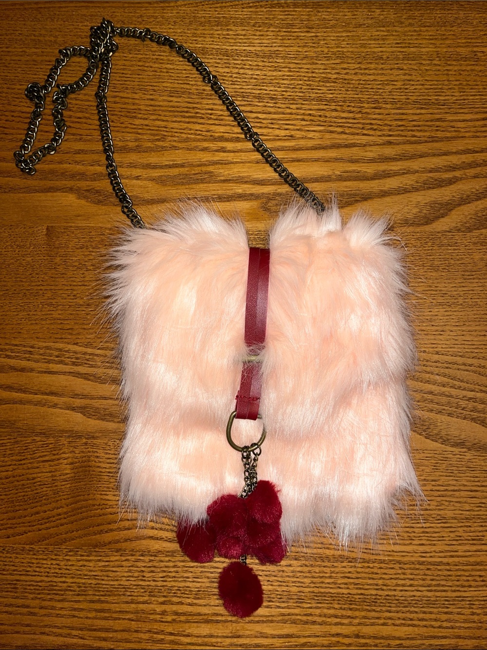 Joyfolie Pink Faux Fur Crossbody Bag with Red Accent Charm